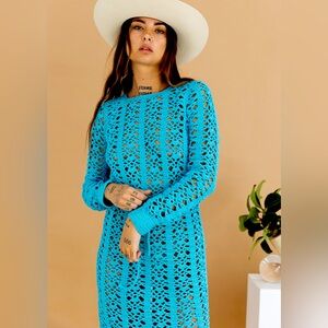 Authentic Vintage 1960’s / 1970’s Electric Blue Crochet Maxi Dress